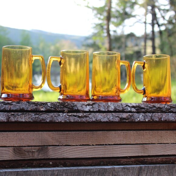 Set of 4 Hazel Atlas Amber Beer Stein Glasses mug vintage mid-century retro - Picture 6 of 11